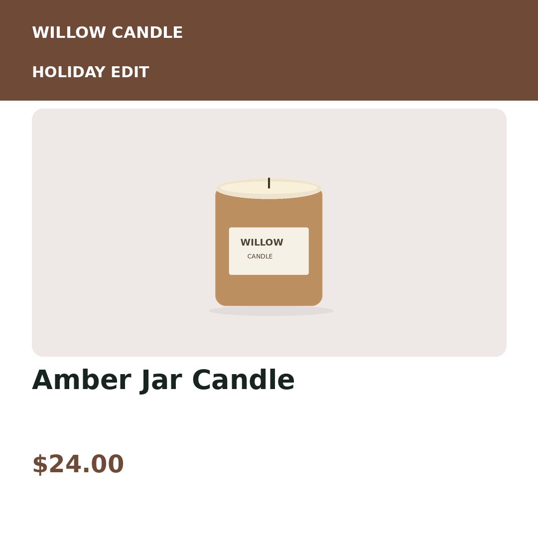 Fictional Willow Candle promotion with its product title and sample price